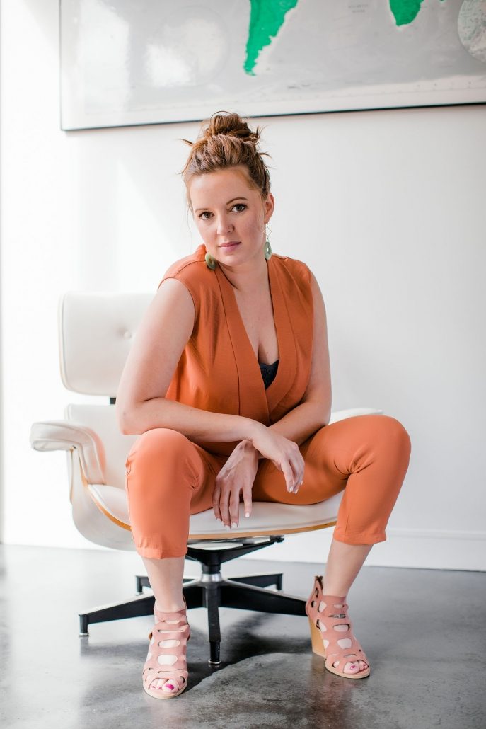 Frock Model Shows Off Orange Jumpsuit And Pink Leather Sandals For Frock Boutique Asheville NC